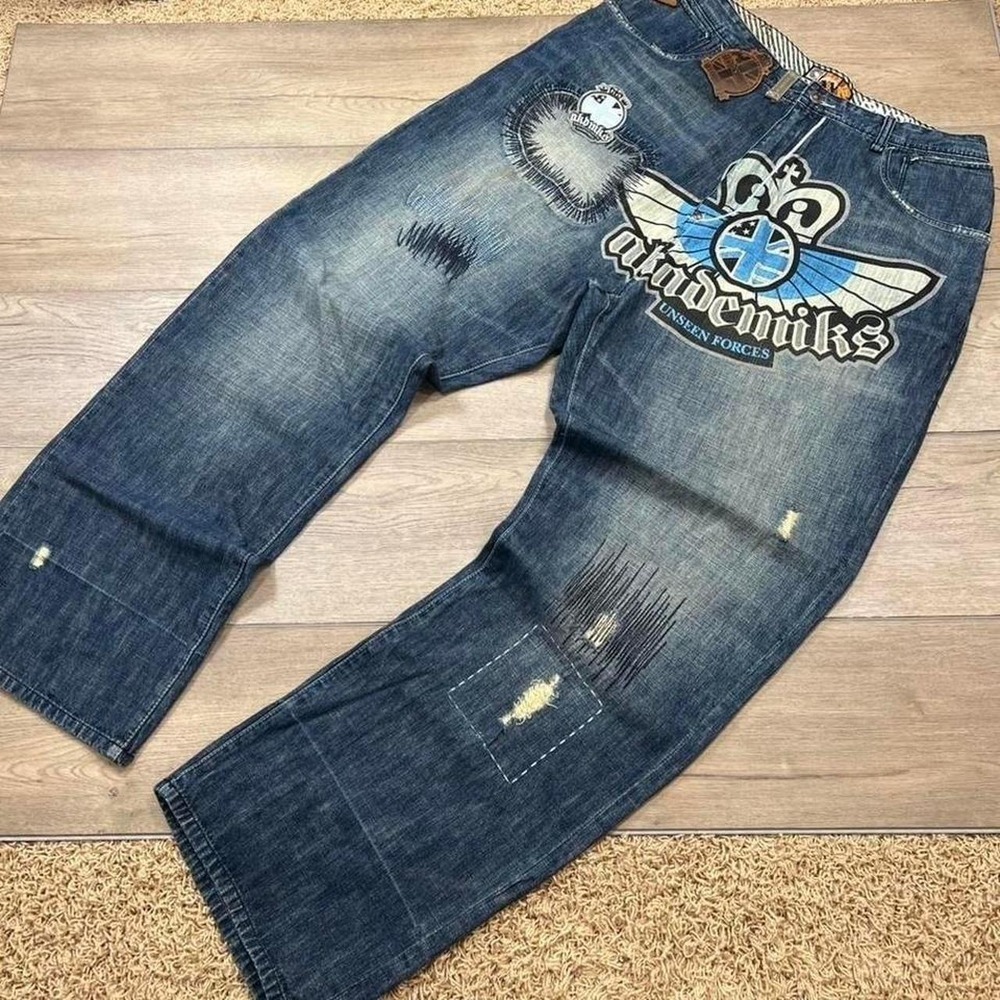 Akademiks Unseen Forces Baggy Jeans Y2K Streetwear Embroidered Denim Mens 42x33